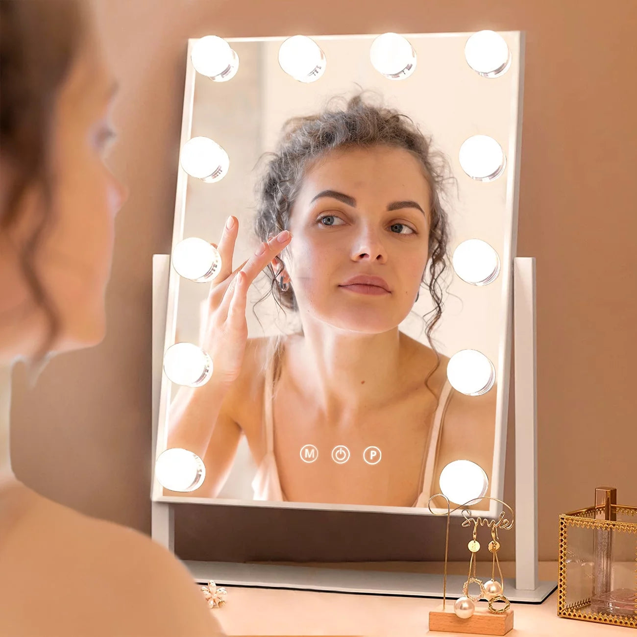 14''X18'' Vanity Makeup Mirror with Lights Tabletop Metal White