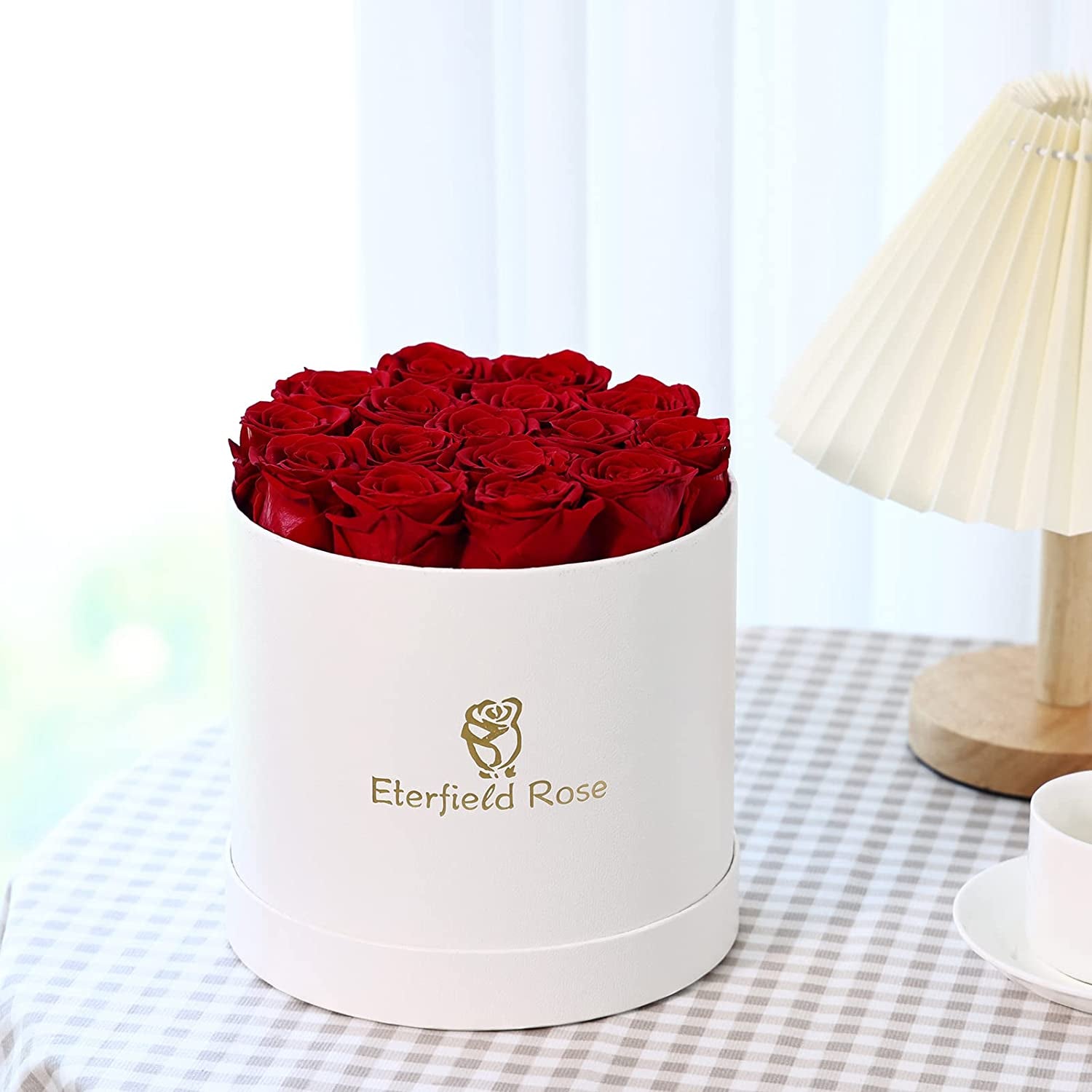 16-Piece Forever Flowers Preserved Rose in a Box Real Roses That Last a Year Preserved Flowers for Delivery Prime Mothers Day Valentines Day Christmas Day (Red Roses, round White Box)