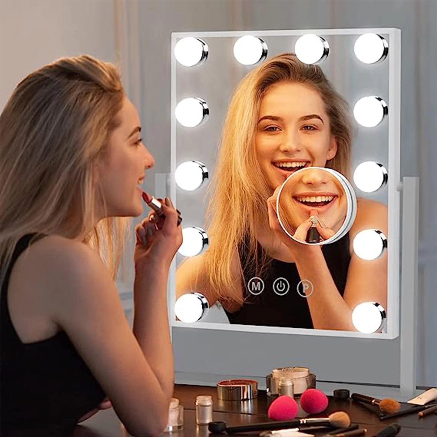 14''X18'' Vanity Makeup Mirror with Lights Tabletop Metal White