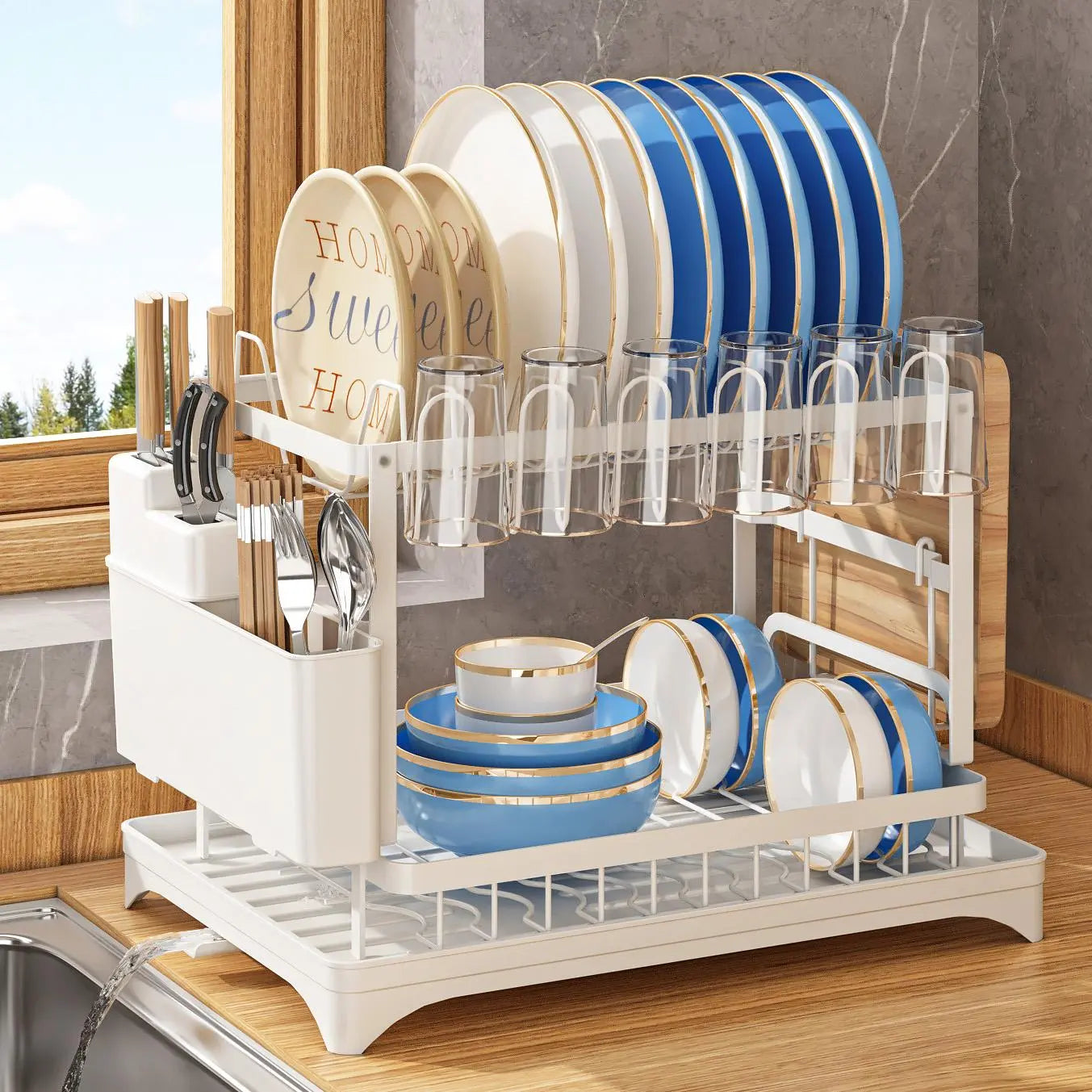2-Tier Dish Drying Rack, 1 Piece Dish Drying Organiser with Drainboard, Modern Trendy Detachable Dish Drainer Organizer, Tableware Drain Storage Shelves, Kitchen Cutlery Organizer, Kitchen Accessories, Home Accessories, Mother'S Day Gift